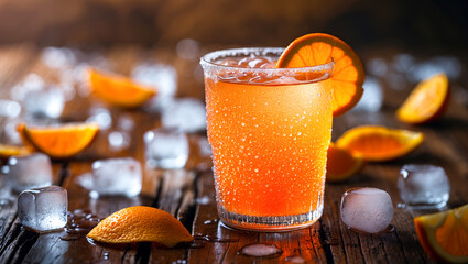 A refreshing glass of juicy orange soda served over ice cubes on a wooden table background, Bright and fizzy orange soda in a clear glass with ice cubes placed on a wooden table.