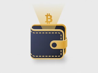 A digital illustration of a black wallet with golden edges projecting a Bitcoin symbol above it, representing digital currency or cryptocurrency storage.