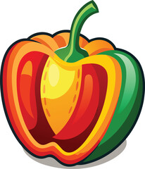 Cross section view of a multi-colored bell pepper showing vibrant interior layers of red, orange, and green, isolated on a white background.