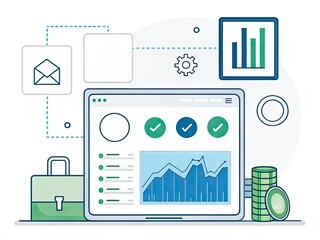 A laptop displays data charts and progress checks, surrounded by icons of email, briefcase, coins, and settings representing business analytics and financial management.