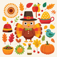 Fototapeta premium Thanksgiving Day cartoon vector set with autumn elements, cute animals, and holiday food illustrations