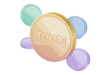A 3D golden coin with the word "TOKEN" embossed on it, surrounded by four translucent colored discs in blue, green, and purple shades.