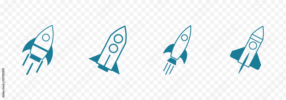 Poster set of rocket vector icons. launch spaceship or spacecraft. rocket fast flying for space. new busine