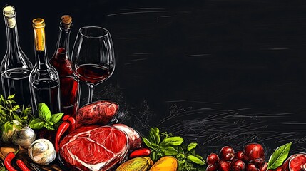 Assorted meat cuts rest near wine glasses and bottles against a dark background