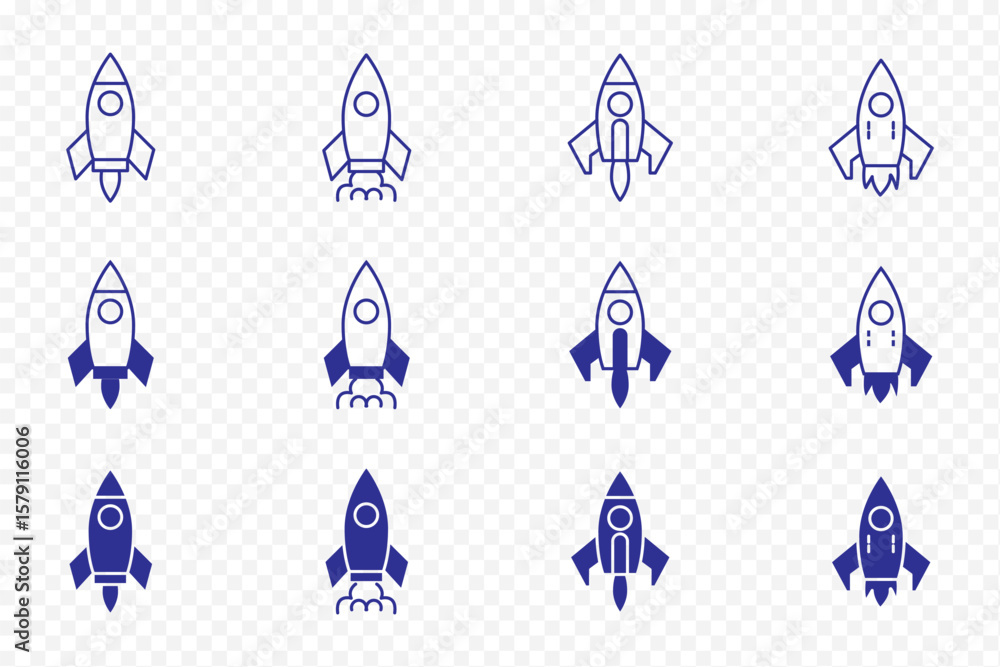 Poster rocket icons set. rockets of different shapes. spaceships , linear icon collection. space industry. 