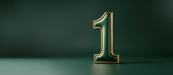 Golden green 3D number 1 stands boldly against an abstract dark green background, Elegant metallic green and gold number one rendered in 3D on a deep abstract backdrop.