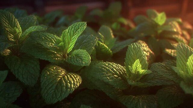 Detailed Close Up Of Lush Green Mint Plants With Textured Leaves Bathed In Sunlight