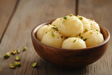 Sweet creamy Rasgulla balls, garnished with pistachios, in a wooden bowl.