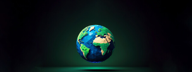 Low poly vector illustration of planet Earth floating elegantly against a dark green background, Geometric low poly Earth rendered in vibrant colors set against a rich dark green backdrop.
