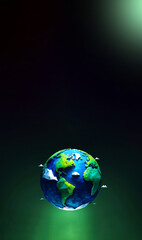 Low poly vector illustration of planet Earth floating elegantly against a dark green background, Geometric low poly Earth rendered in vibrant colors set against a rich dark green backdrop.