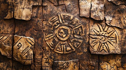 Ancient wood carving reveals geometric symbols, patterns, and glyphs of forgotten civilizations and heritage