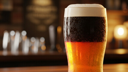 A glass of beer with foam in a dimly lit bar png