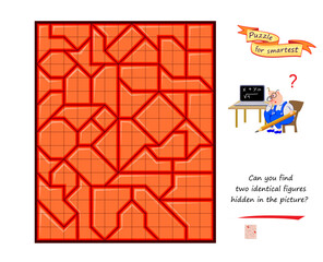 Can you find two identical figures hidden in the picture? Geometric logic puzzle. Game Seek and Find for children and adults. Page for kids brain teaser book. Develop spatial thinking. Vector drawing