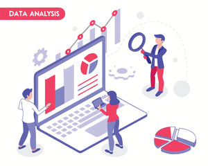 Isometric data analysis illustration of team working on financial reports and statistics