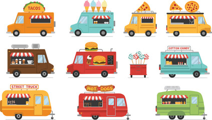 Food truck vector set – taco, pizza, burger, hot dog, ice cream, cotton candy, coffee, dessert trailer illustrations