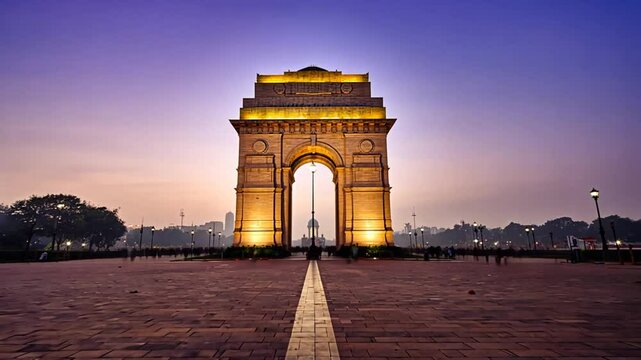 india gate twilight illumination empty plaza clear sky reflections video
