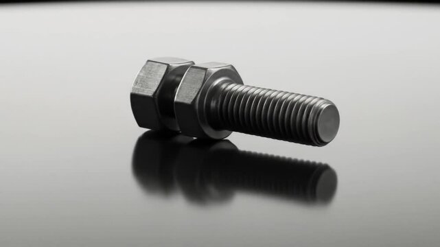 A close up shot of a metal bolt with two nuts attached on a reflective surface gray