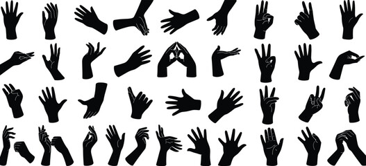 Hand gesture silhouettes collection, black hand signs on white background, expressive human hands poses, communication symbols, vector illustration design set