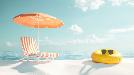 Beach vacation summer holiday with beach chair umbrella and inflatable ring for relaxing time fun