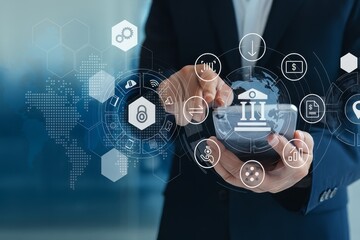 Innovative financial technology integration showcased as a business professional interacts with digital banking features on a modern mobile smartphone device interface