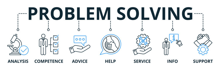 Problem Solving web banner icons Vector illustration concept of with keywords, analysis, competence, advice, help, service, info, and support