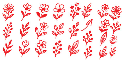 Flower brush hand drawn vector set. Hand drawn doodle flower, floral leaf elements in brush stroke ink style. Simple abstract botanical silhouette set for nature black paint art. Vector illustration