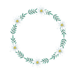 Elegant floral wreath with white flowers, green leaves for decorative designs. Template for first communion, baptism, wedding, birthday greeting cards, invitation, save the date. Copy space. Isolated