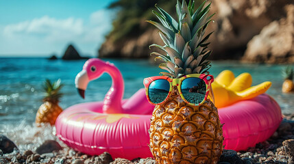 Pineapple with sunglasses on beach summer vacation tropical getaway travel destination sunny day fun time