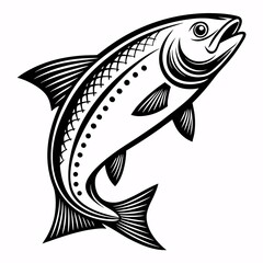 Leaping salmon detailed black and white illustration fish jumping