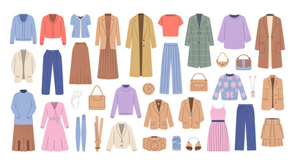 A flat lay illustration of a clothing and fashion items collection arranged horizontally on a white background.