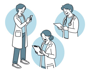 Medical professionals interacting using technology and documents in line art illustrations