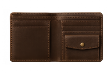 Brown leather wallet opened, revealing interior compartments and card slots, showcasing organizational design against transparent background for financial theme