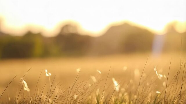 Three canids resting in grassy field, lit by golden sunlight at dusk, creating a warm atmosphere and soft focus background.
