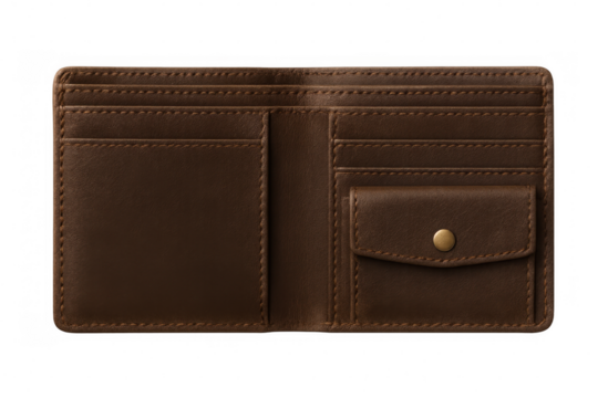 Brown leather wallet opened, revealing interior compartments and card slots, showcasing organizational design against transparent background for financial theme