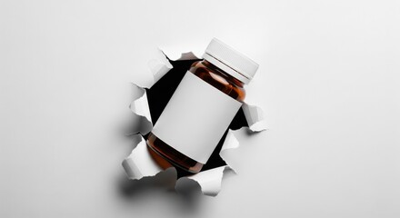 Amber Bottle with Blank Label Emerging from Torn Paper