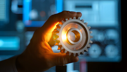 Photo of a hand holds a shiny metal gear for industrial engineering