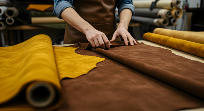 Artisan Craftsman Working with Quality Leather Materials in a Creative Workshop Environment for Textile Design and Production
