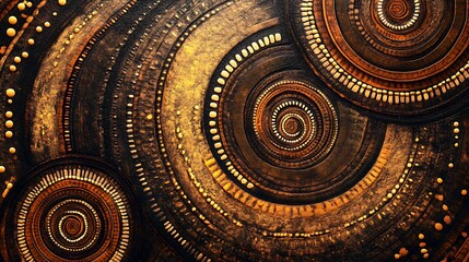 Brown textured background shows concentric circle patterns of dark and yellow colors in unique artwork