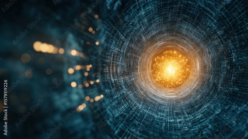 Poster economy financial background concept. abstract digital tunnel with glowing center and intricate patt