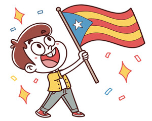 Cheerful cartoon boy celebrating with flag of puerto rico and festive confetti