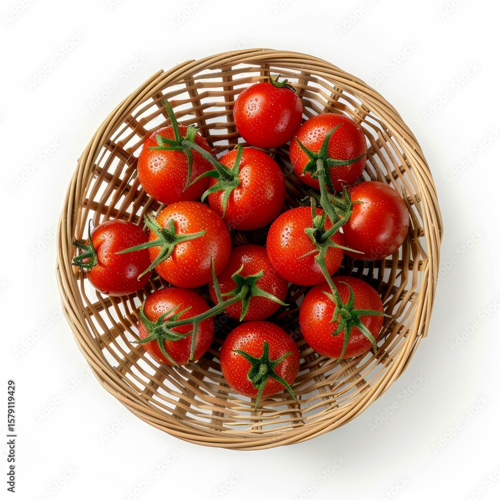 Poster ripe cherry tomatoes with green stems displayed in a wicker basket, creating a vibrant and appetizin