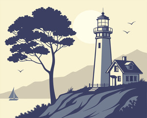 Coastal lighthouse with tree sailboat and mountain landscape illustration