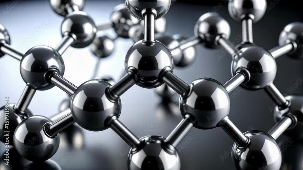 Poster abstract shiny metal atom structure model reflecting light for science technology and molecule innov