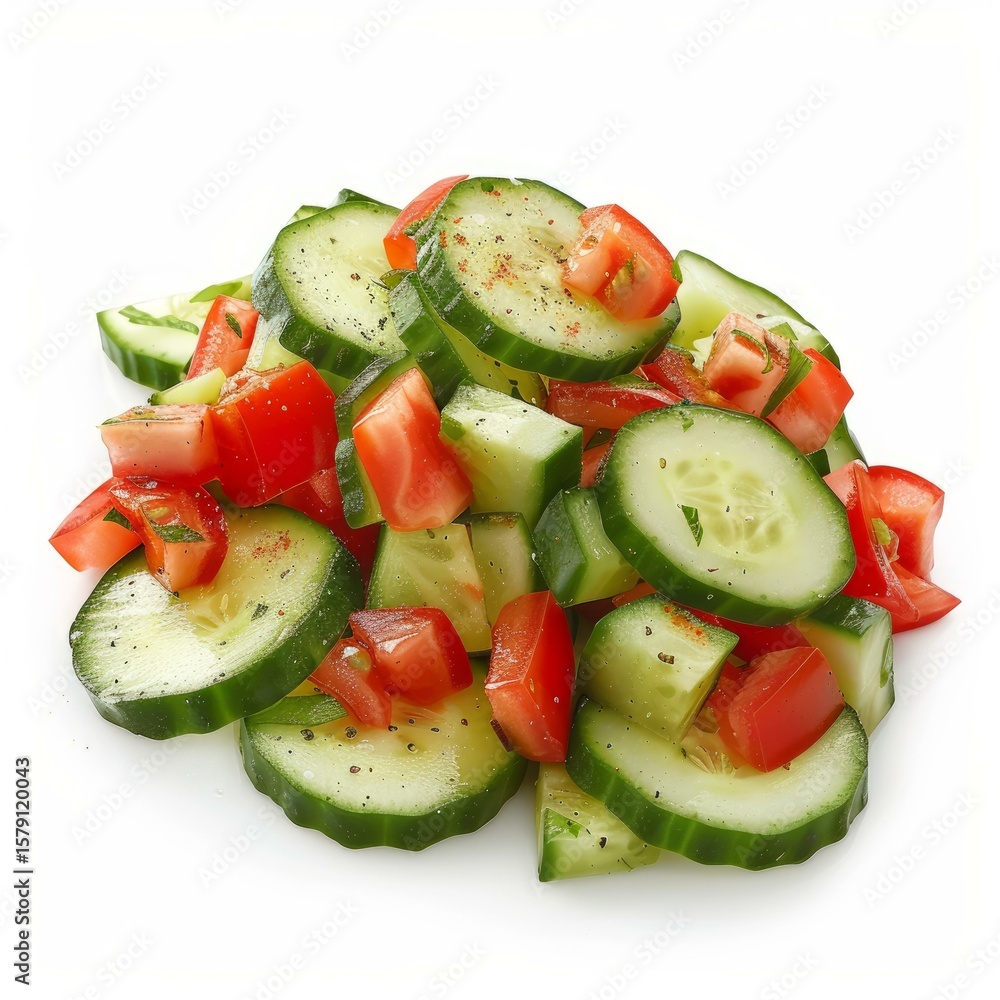 Poster sliced cucumbers and diced tomatoes seasoned with herbs and spices create a refreshing and colorful 