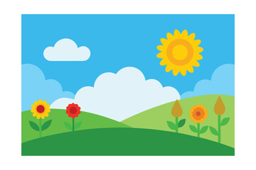 Obraz premium Sunny Meadow Landscape Vibrant Flowers and Rolling Hills Illustration