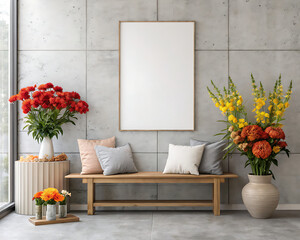 Empty vertical frame in floral decorated minimalist room