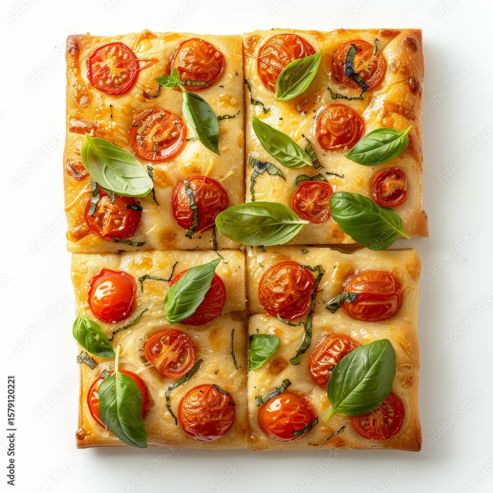 Poster sliced square pizza topped with fresh basil leaves and cherry tomatoes, creating a vibrant and appet