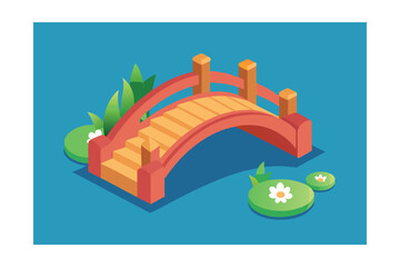 Naklejka premium Serene Wooden Bridge Arching Over Calm Water Isometric Illustration