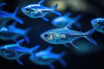 Fototapeta premium A school of luminous blue fish swims in a dark aquarium, showcasing their iridescent scales and graceful movements.