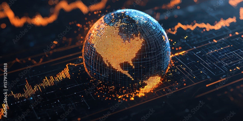 Poster economy financial background concept. abstract digital globe with data visualization elements and gl